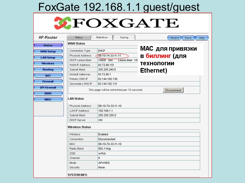 FoxGate 192.168.1.1 guest/guest МАС для привязки в биллинг (для технологии Ethernet)